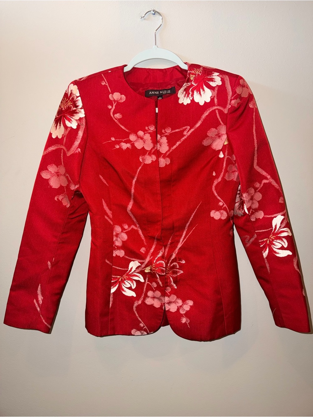 Anne Klein Red Cherry Blossom Jacquard Blazer Jacket Botanical Floral size 2